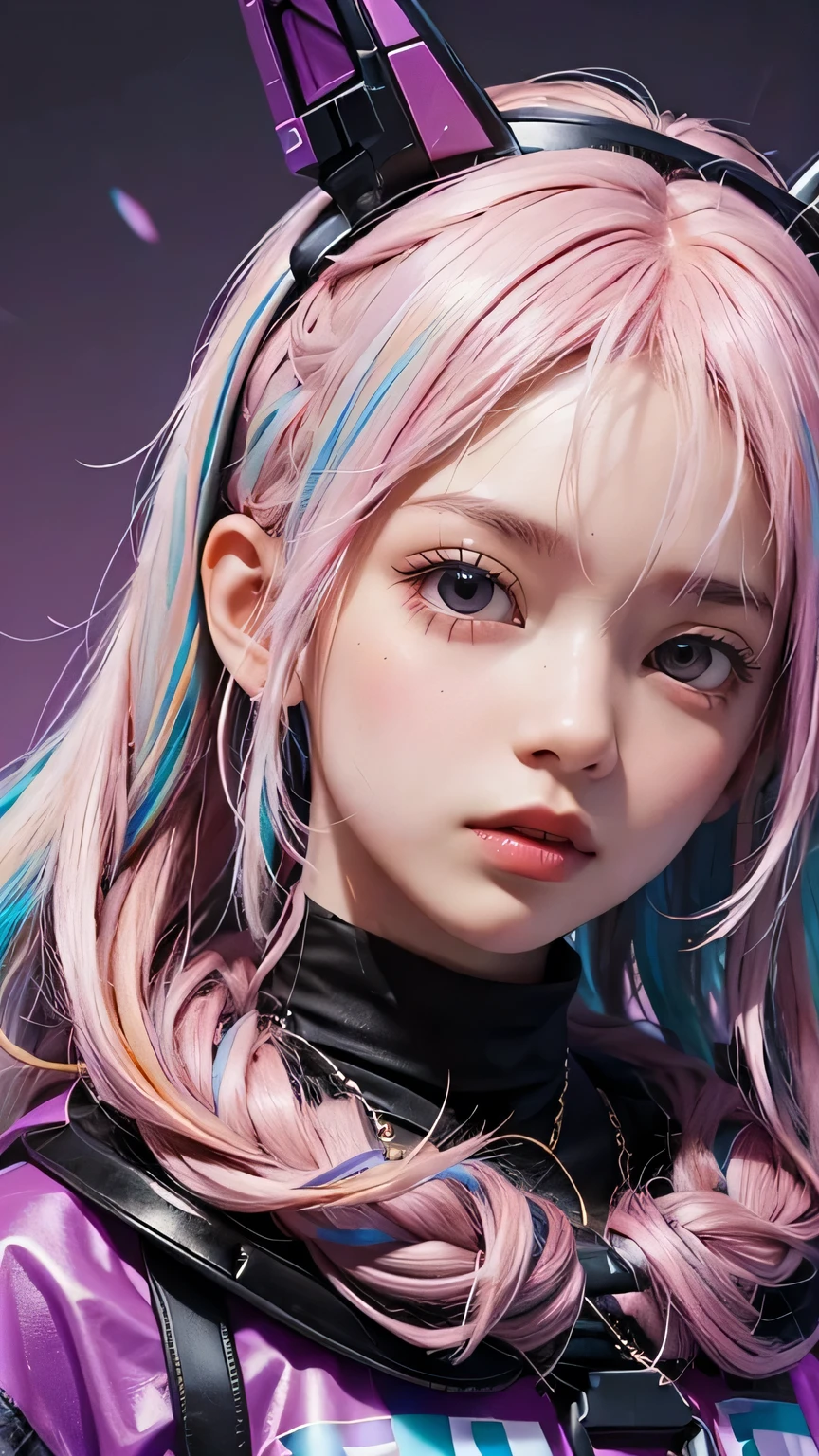 Super future Beautiful girl living in the s, portrait, pink hair, (super future cyber hip-hop multicolored outfit), simple background.