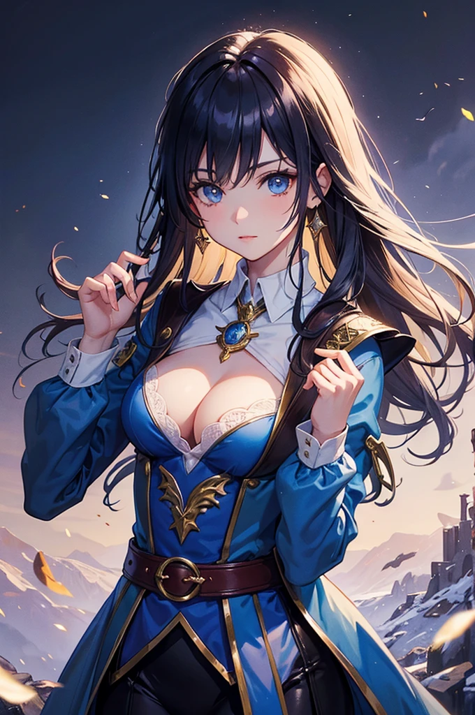 Highest quality, Medieval Fantasy, A world of swords and magic, Portrait, (The cute magician girl&#39;s blue eyes are glowing, Silver Hair), Black dress with ruffles, 