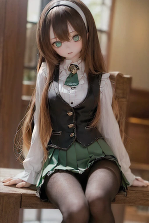 (SFW:2), photorealistic, realistic photo, 8k, ((highest quality)), ((masterpiece)), (extremely detailed), kukolnydom, doll, (mature woman, 21yo, 21 years old, solo:1.6), ((cowboy shot, sitting on chair, head tilt, slim, slender, skinny, medium breasts, hairband, ascot, vest, blouse, long puff sleeves, pleated skirt, black pantyhose)), (green eyes, brown hair, long hair, plastic skin, looking at another, glass eyes, gradient eyes, shining eyes, detailed eyes:1.3)