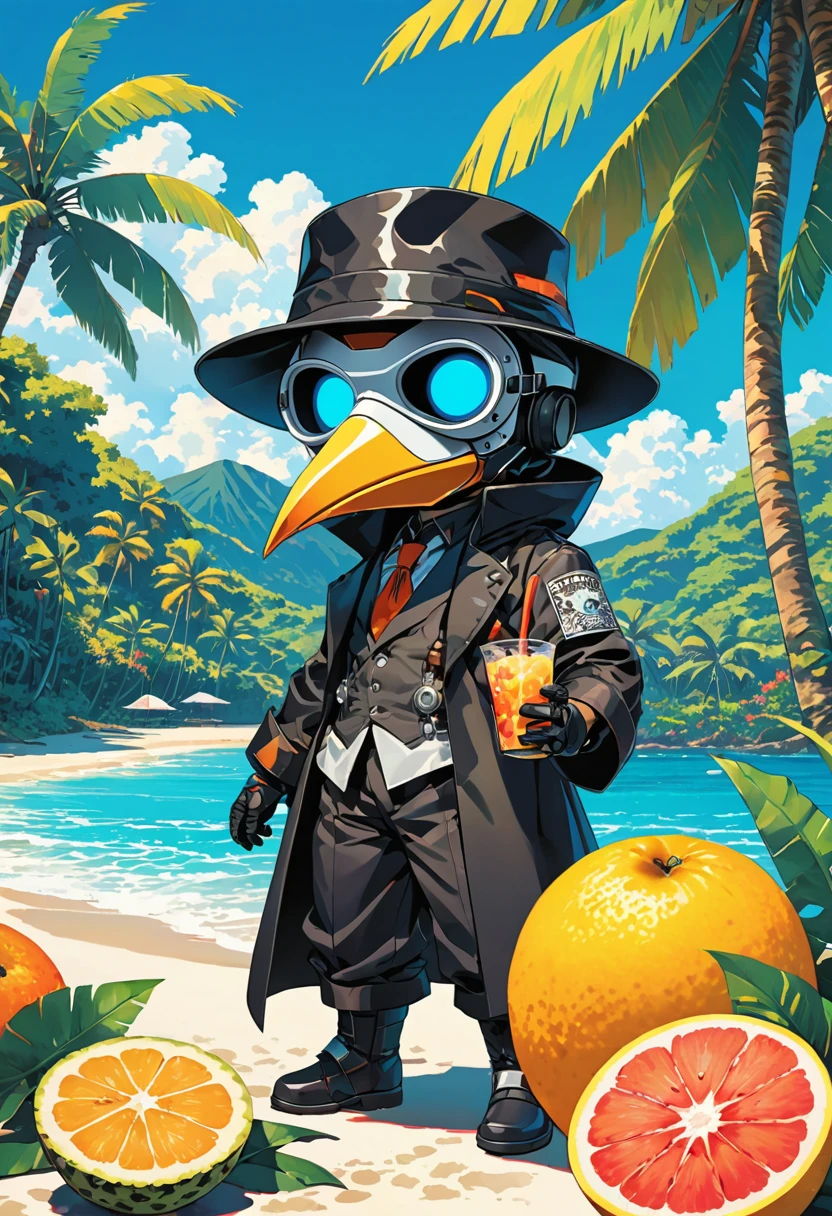 (masterpiece, best quality:1.1), (ultra highres, ultra-detailed:1.2),pop-art style,flatcolor, ((The boy is sitting and eating tropical fruits)),(in tropical resort,hawaii,bluesky), BREAK chibi-boy,(male Mad-scientist),(wearing plague-doctor costume,white beak-mask),eyes glow blue,black swimsuit, mecha arm,