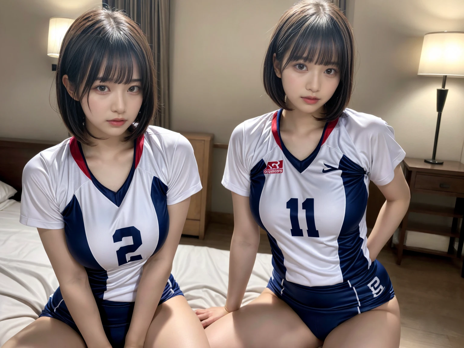 masterpiece, best quality, illustration, Super detailed, fine details, High resolution, 8K,wall paper, perfect dynamic composition,(Details High quality, realistic depiction of eyes:1.3), (2 girls), (short hair volleyball player, Volleyball Uniforms), Tight clothes, sitting, open legs, short bob hair, in a hotel room in the background, deep on field, large breasts, black hair color, Big Natural Color Lip, (perfect body shape), crying a little、Harajuku style、20 year old girl、cute type、beautiful legs, Gravure Idol