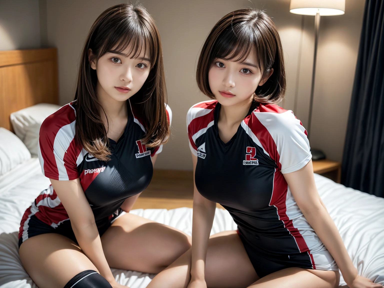 masterpiece, best quality, illustration, Super detailed, fine details, High resolution, 8K,wall paper, perfect dynamic composition,(Details High quality, realistic depiction of eyes:1.3), (2 girls), (short hair volleyball player, Volleyball Uniforms), Tight clothes, sitting, open legs, short bob hair, in a hotel room in the background, deep on field, large breasts, black hair color, Big Natural Color Lip, (perfect body shape), crying a little、Harajuku style、20 year old girl、cute type、beautiful legs, Gravure Idol