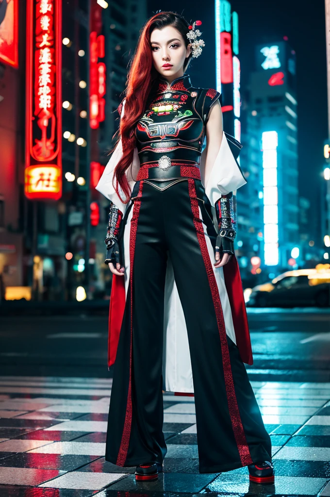 A full-body portrait of an elegant and graceful yet daring cyberpunk futuristic neon girl with [long red] hair and reflective [red] eyes, decorated with traditional Japanese ornaments. The background is atmospheric and moody, featuring subtle neon accents and a more refined, less cluttered setting. The girl's outfit is a blend of high-tech armor and traditional Japanese elements, with a focus on elegance, sleek design, and a daring attitude. The overall style is dreamy and surreal