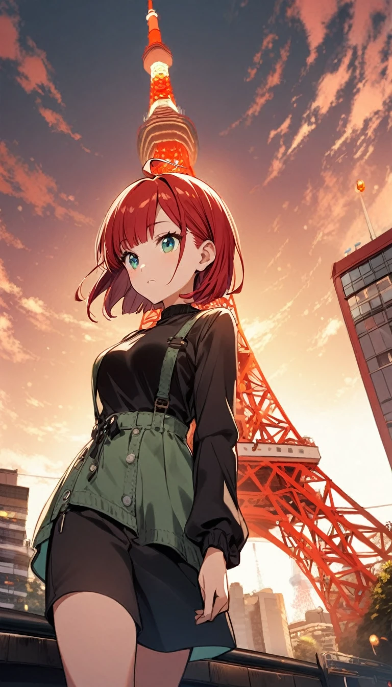 1girl,rubyred hair,bowlcut hair,half circle ahoge,blue green eyes,medium breasts,casual,Tokyo Tower,from below