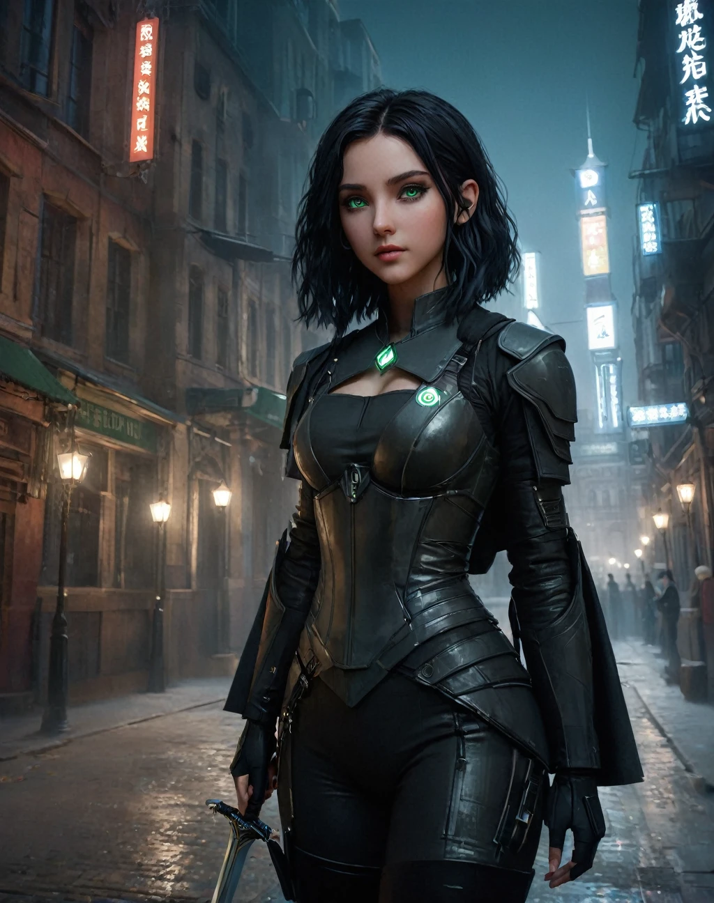 ((highest quality)), ((masterpiece)), (be familiar with:1.4), 。.。.。.,beautiful cyberpunk beautiful illustration of A girl,daughter of severus snape, ,black hair , green eyes, image,nffsw(high dynamic range),ray tracing,NVIDIA RTX,super resolution,unreal 5,scattered below the surface,PBR texturing,Post-processing,anisotropic filtering,written boundary depth,maximum clarity and sharpness,multilayer texture,Albedo and specular maps,surface shading,Accurate simulation of light-matter interactions,perfect proportions,octane rendering,two-tone lighting,wide aperture,Low ISO、White balance、Rule of thirds、8,000 students、((Holding a sword in your hand))(((look back)))(((colorful clothes)))
