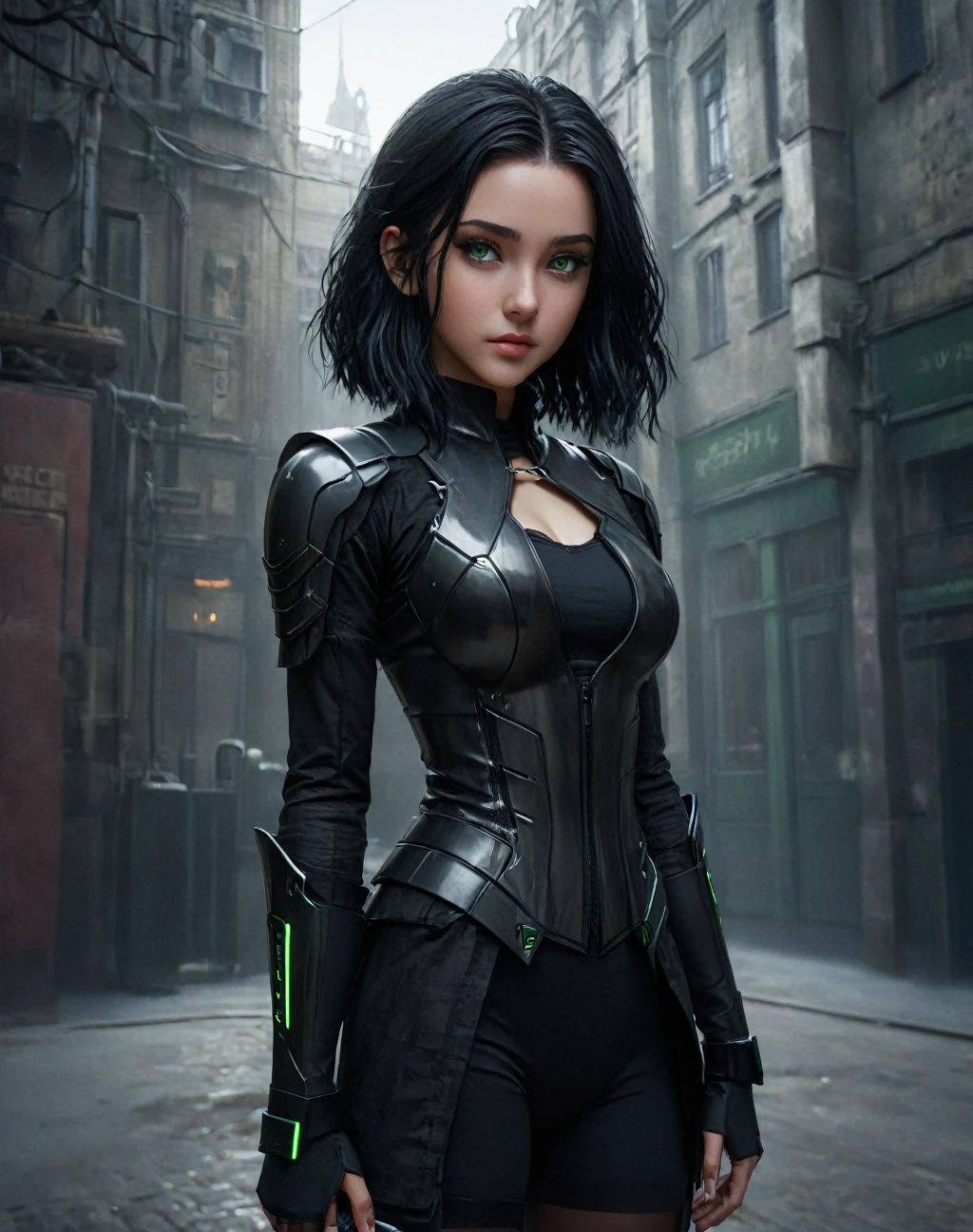 ((highest quality)), ((masterpiece)), (be familiar with:1.4), 。.。.。.,beautiful cyberpunk beautiful illustration of A girl，daughter of severus snape, ，black hair , green eyes, image,nffsw(high dynamic range),ray tracing,NVIDIA RTX,super resolution,unreal 5,scattered below the surface,PBR texturing,Post-processing,anisotropic filtering,written boundary depth,maximum clarity and sharpness,multilayer texture,Albedo and specular maps,surface shading,Accurate simulation of light-matter interactions,perfect proportions,octane rendering,two-tone lighting,wide aperture,Low ISO、White balance、Rule of thirds、8,000 students、((Holding a sword in your hand))(((look back)))(((colorful clothes)))
