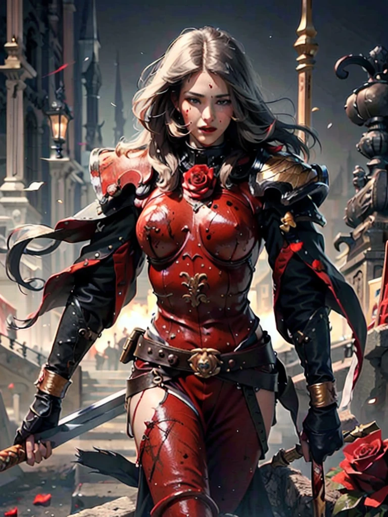 (1girl :1.3),portrait, Christina Chong beautiful face, narrowed eyes. smirk. black braided hair with narrowed eyes,, sister of battle, holding sword, dark background,(red blood rose armor:1.5), (hdr:1.4), high contrast, (cinematic:0.85), (muted colors, dim colors, soothing tones:1.3), low saturation, smoke,shining sword,cluster amaryllis,wind,dragon loong spirit behind,perfect anatomy, centered, approaching perfection, (athletic female), detailed face, short hair, white hair, bangs, feminine, nice breasts, beautiful detailed girl, extremely detailed fingers, cute, young, mature face, realistic face, realistic body,armour, adepta sororitas
