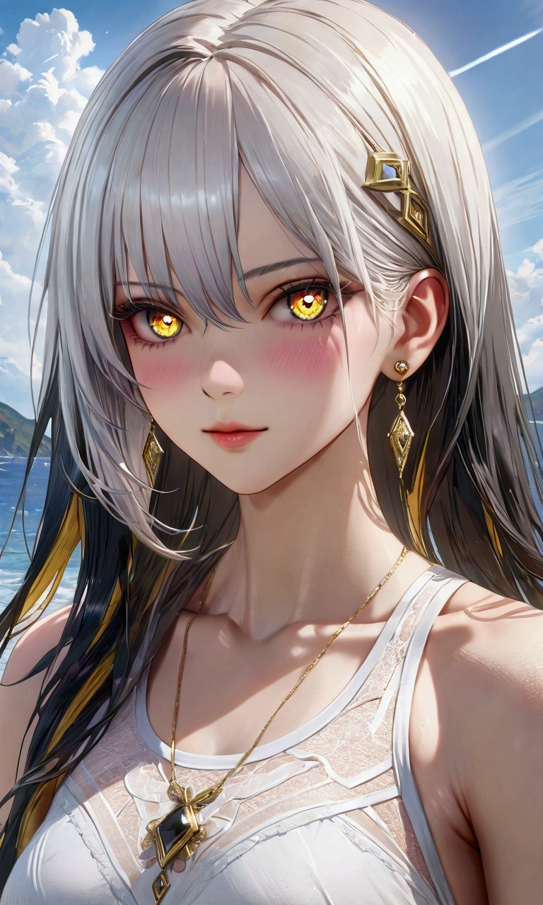black hair, colored inner hair, white hair, golden eyes, diamond-shaped pupils, slender and athletic built, UHD, masterpiece, super detail, best quality, 8k,realistic