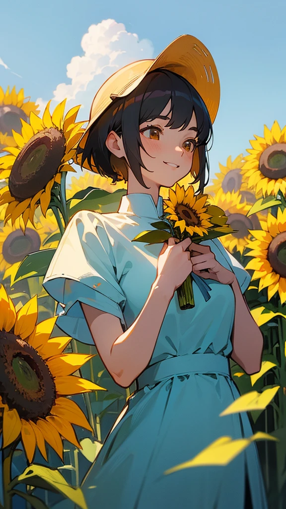 master piece, best quality, for below, cinematic angle, upper body , pigeon toed,
Anime-style Moe illustration, summer vacation theme, 20-year-old 4womans holding a bouquet of sunflowers, short hair, country dress, slightly inner thighs, smile, accurate drawing, Active pose,