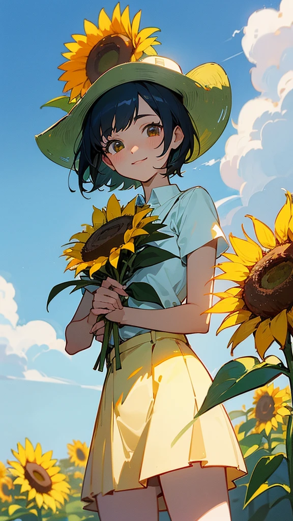 master piece, best quality, for below, cinematic angle, upper body , pigeon toed,
Anime-style Moe illustration, summer vacation theme, 20-year-old 4womans holding a bouquet of sunflowers, short hair, country dress, slightly inner thighs, smile, accurate drawing, Active pose,