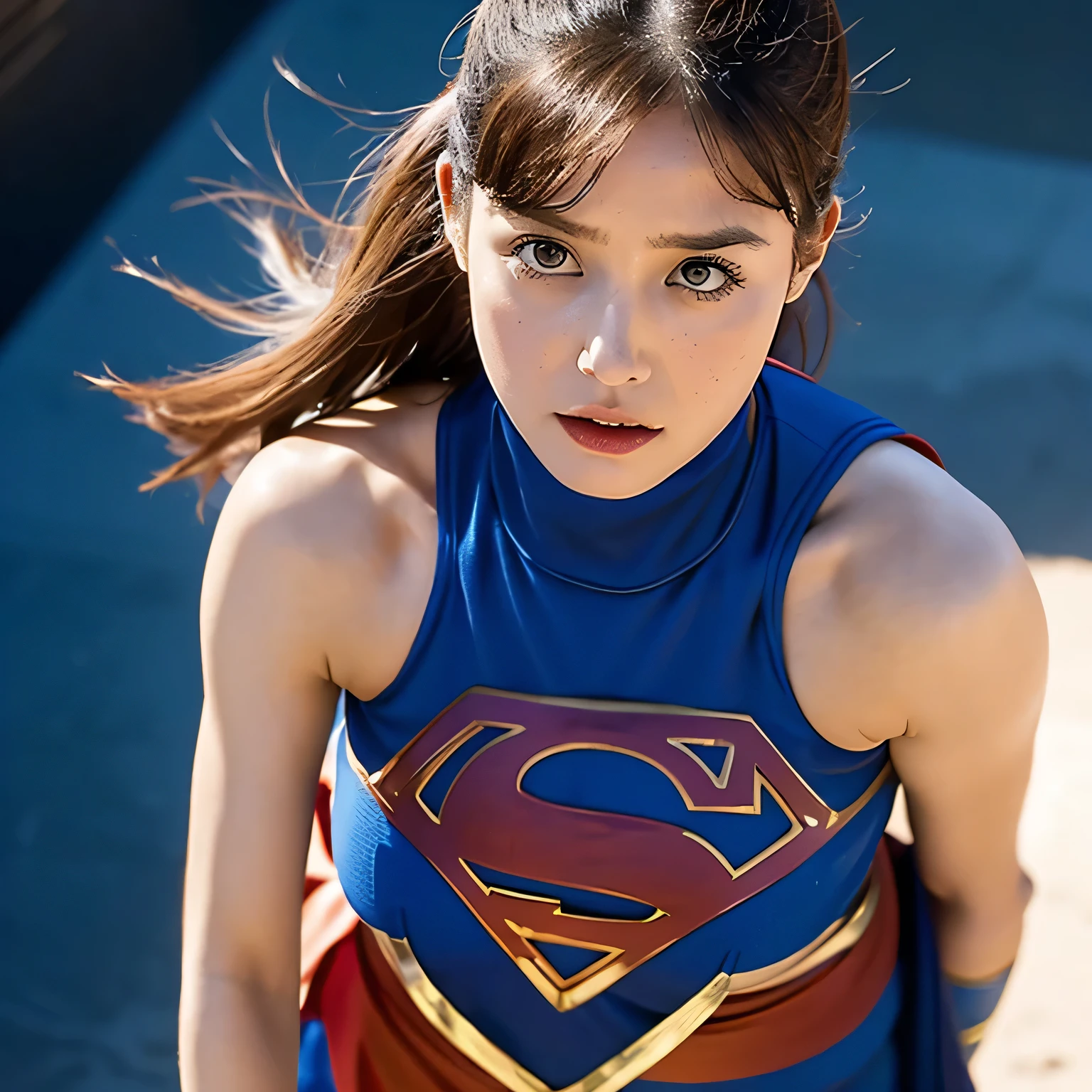 Supergirl, Beautiful Supergirl, 29 years old, Height : 152 CM, at desert, midday, supergirl tanktop costume, hair tied, hair bangs, Supergirl was sweating profusely, Supergirl had wet sweat on her chest, Supergirl had wet sweat on her head, Supergirl is shocked, Supergirl looks up, Supergirl looks scared, Supergirl screamed in pain, supergirl defeated, supergirl tanktop costume is torn, Supergirl fights against a giant, Supergirl is seriously injured, Supergirl cried, supergirl in peril