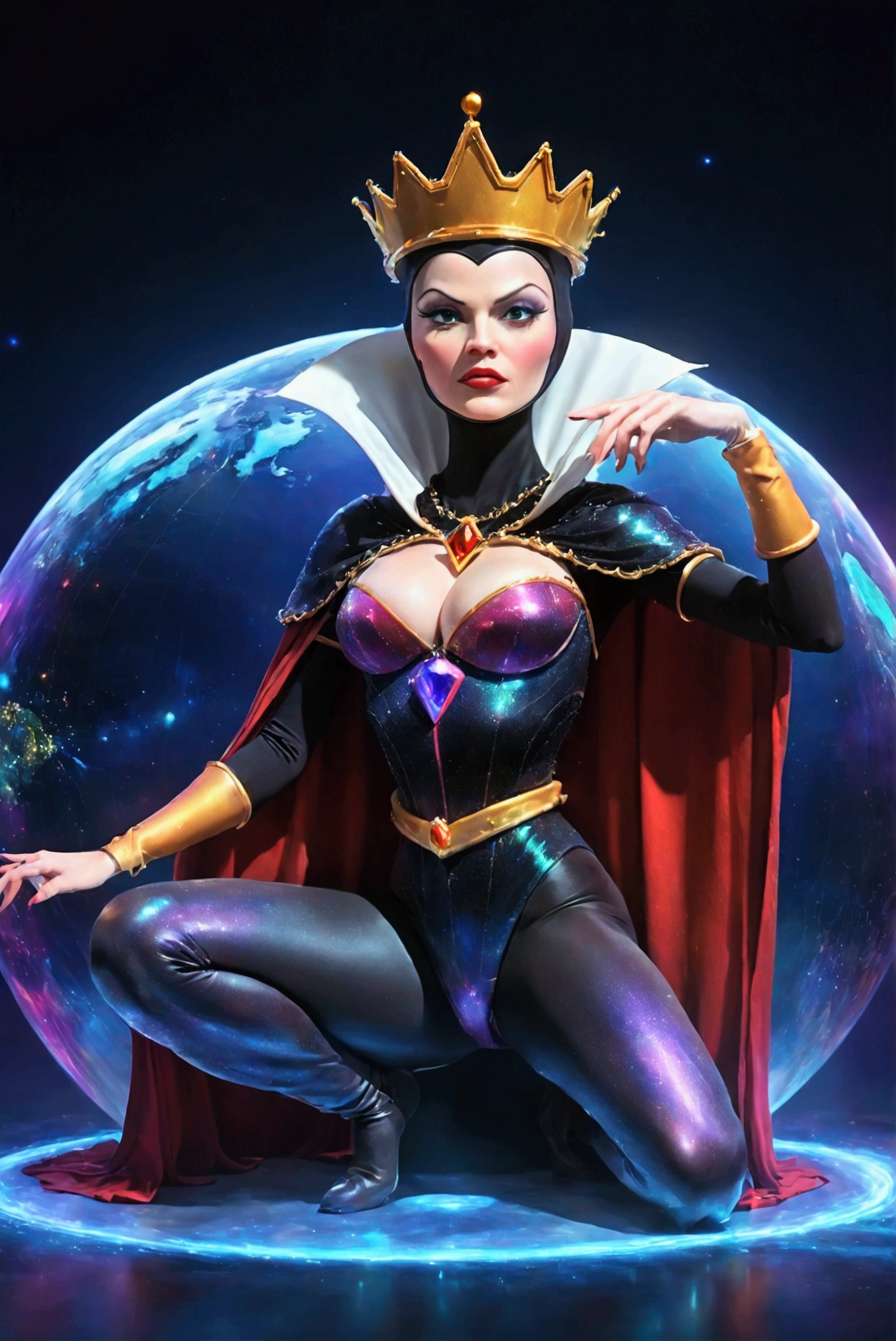 Evil Queen sitting on holographic earth