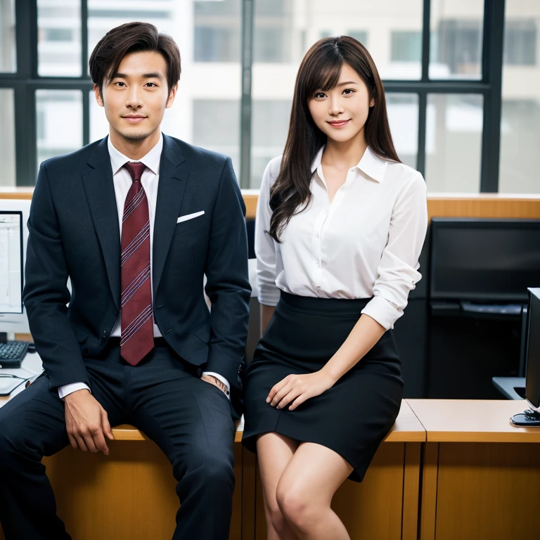 There is one man and one woman. Highest quality, Ultra-high resolution, (Realistic), masterpiece, Symmetric, High-definition RAW color photos, Photo in the office。A handsome Japanese man in his 30s sitting cross-legged、Have a confident look。, Smiling face, wearing tie.
Next to him, Woman in her 20s, Stand and stare at him, wearing a white shirt under a black suit, Medium chest, Accentuate your breasts, The background is a bit blurred
