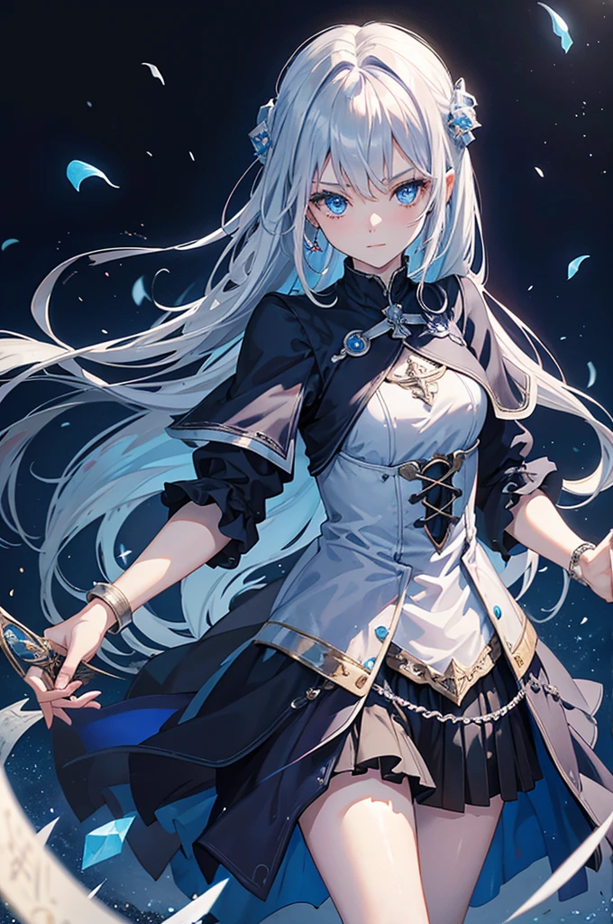 Highest quality, Medieval Fantasy, A world of swords and magic, Portrait, (A cute magician girl casts magic from her blue eyes, Silver Hair), Black dress with ruffles, 