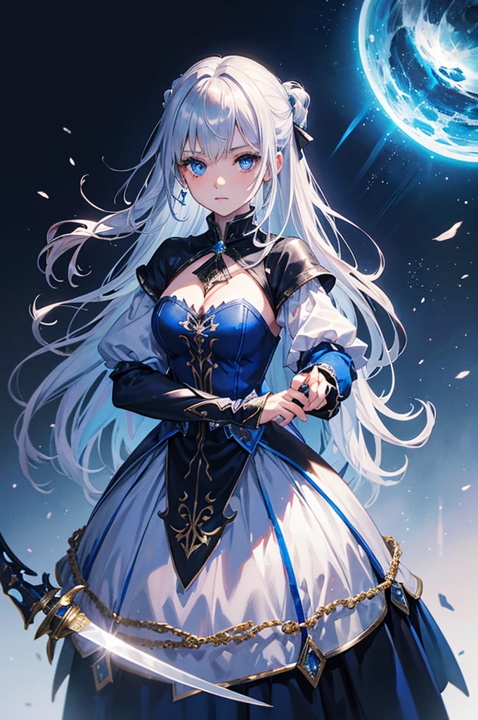 Highest quality, Medieval Fantasy, A world of swords and magic, Portrait, (A cute magician girl casts magic from her blue eyes, Silver Hair), Black dress with ruffles,