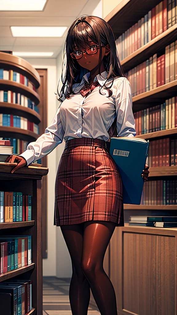 red plaid clothes, white blouse, red plaid skirt, lustrous dark skin, redhead, glasses, library girl, unbuttoned blouse, skinny long legs, surrounded by bookshelves, holding a book