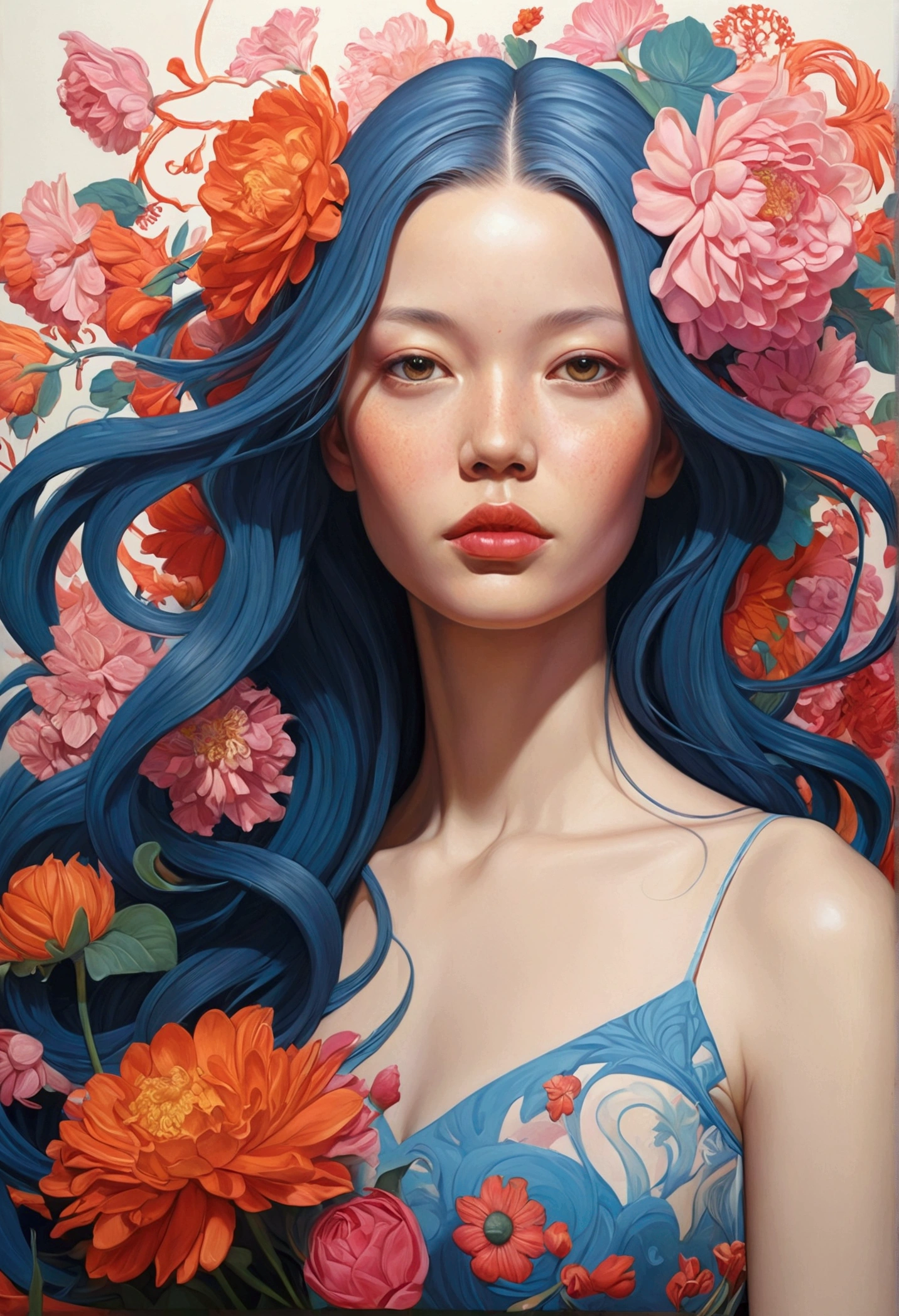 Painting of a woman with long hair and flowers, Ultra-fine detailed paintings inspired by James Jean, Reddit, neo-fauvism, James Jean and Petra Cortright, James Jean Mark, JamesJean」, James Jean Andrey Ryabovitchev, Kilian Eng: Vivid Colors, James Jean Soft Light 4K, Kilian Eng: Vivid Colors