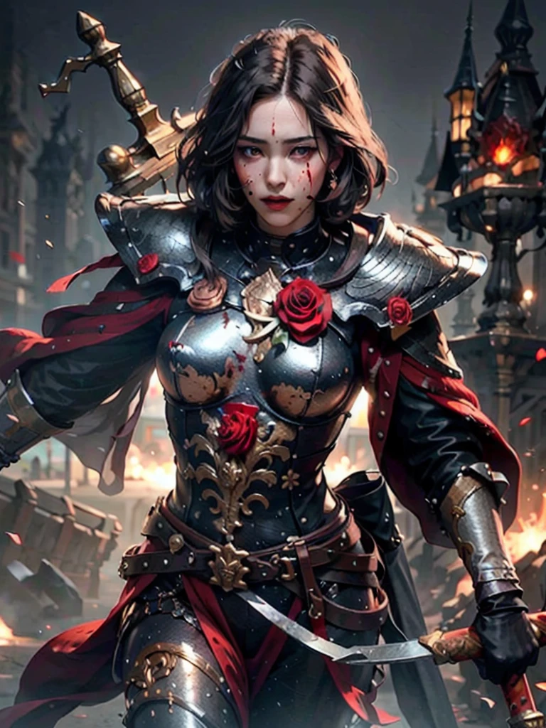 (1girl :1.3),portrait, Christina Chong beautiful face, narrowed eyes. smirk. black braided hair with narrowed eyes,, sister of battle, holding sword, dark background,(red blood rose armor:1.5), (hdr:1.4), high contrast, (cinematic:0.85), (muted colors, dim colors, soothing tones:1.3), low saturation, smoke,shining sword,cluster amaryllis,wind,dragon loong spirit behind,perfect anatomy, centered, approaching perfection, (athletic female), detailed face, short hair, white hair, bangs, feminine, nice breasts, beautiful detailed girl, extremely detailed fingers, cute, young, mature face, realistic face, realistic body,armour, adepta sororitas
