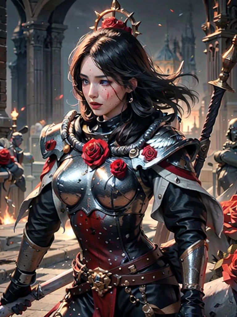 (1girl :1.3),portrait, Christina Chong beautiful face, narrowed eyes. smirk. black braided hair with narrowed eyes,, sister of battle, holding sword, dark background,(red blood rose armor:1.5), (hdr:1.4), high contrast, (cinematic:0.85), (muted colors, dim colors, soothing tones:1.3), low saturation, smoke,shining sword,cluster amaryllis,wind,dragon loong spirit behind,perfect anatomy, centered, approaching perfection, (athletic female), detailed face, short hair, white hair, bangs, feminine, nice breasts, beautiful detailed girl, extremely detailed fingers, cute, young, mature face, realistic face, realistic body,armour, adepta sororitas
