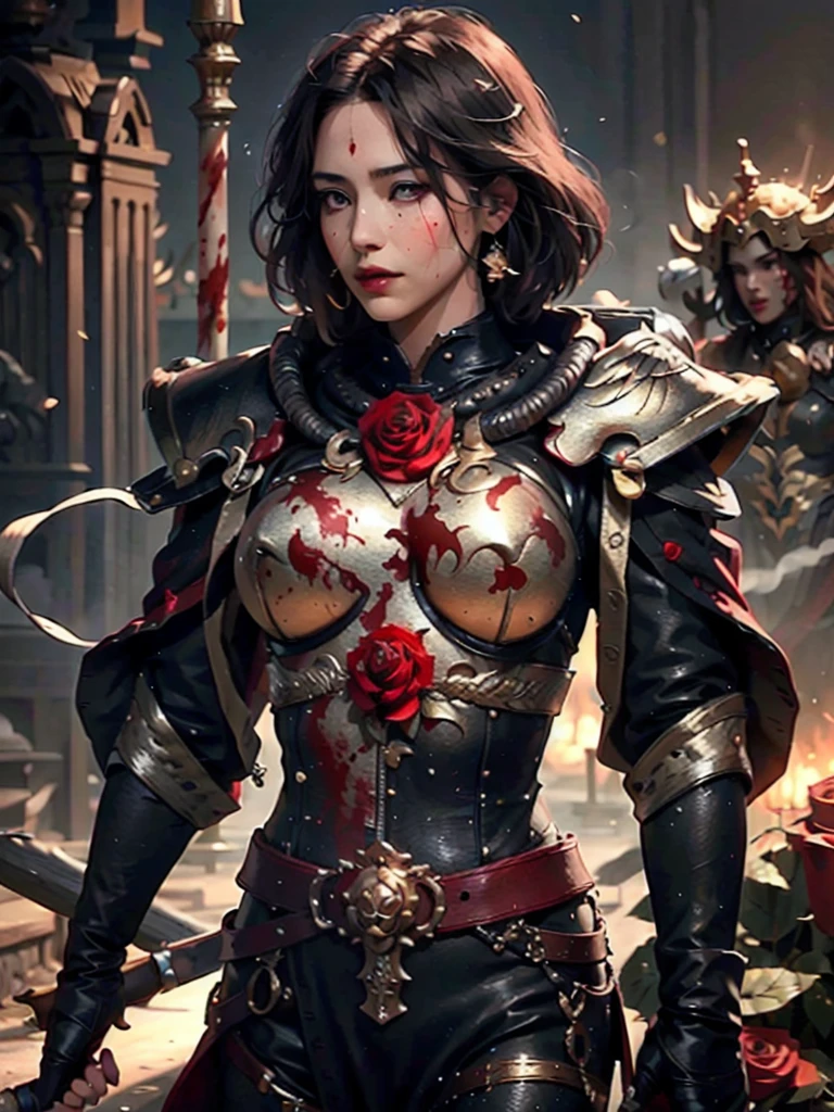 (1girl :1.3),portrait, Christina Chong beautiful face, narrowed eyes. smirk. black braided hair with narrowed eyes,, sister of battle, holding sword, dark background,(red blood rose armor:1.5), (hdr:1.4), high contrast, (cinematic:0.85), (muted colors, dim colors, soothing tones:1.3), low saturation, smoke,shining sword,cluster amaryllis,wind,dragon loong spirit behind,perfect anatomy, centered, approaching perfection, (athletic female), detailed face, short hair, white hair, bangs, feminine, nice breasts, beautiful detailed girl, extremely detailed fingers, cute, young, mature face, realistic face, realistic body,armour, adepta sororitas
