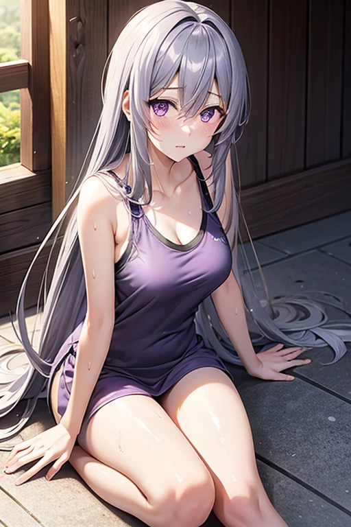 Adult Anime Girl 2d Long Hair Loose light Purple-Grayish, Age Adulthood adult, sitting in the floor, Sweating, sun is hot, hot weather, sweating so much 