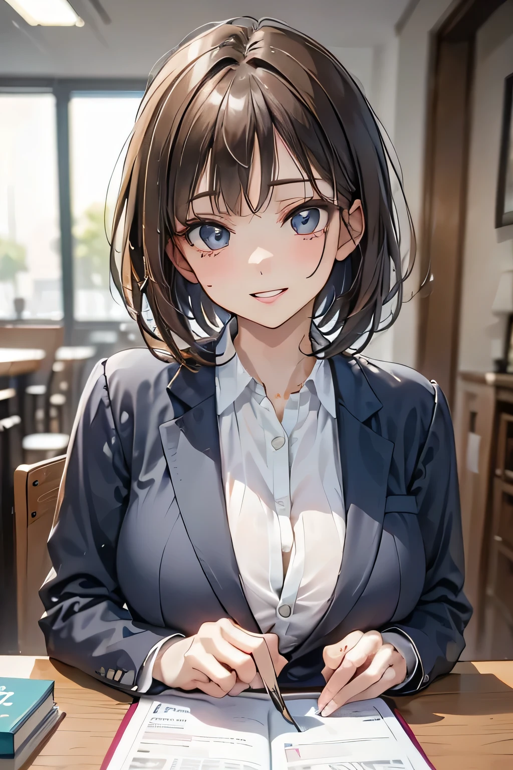 Beautiful lawyer、(alone, 40 years old、Ultra detailed face、Detailed lips、Detailed eyes、double eyelid、Brunette bob hair, Black blazer、White dress shirt、Tight micro mini skirt)、Reading at a desk、at the library、Huge 、Perfect hands, Perfect Fingers, Perfect breasts, Exactly, Perfect body, Perfect Face, Perfect Image Realism, Detailed Background, Detailed costume, maikurobiki、Unbuttoned shirt、Lewd Librarian、Hyperrealism、Photorealistic、Unreal Engine、Maximum resolution 8K, (masterpiece), Very detailed, Professional