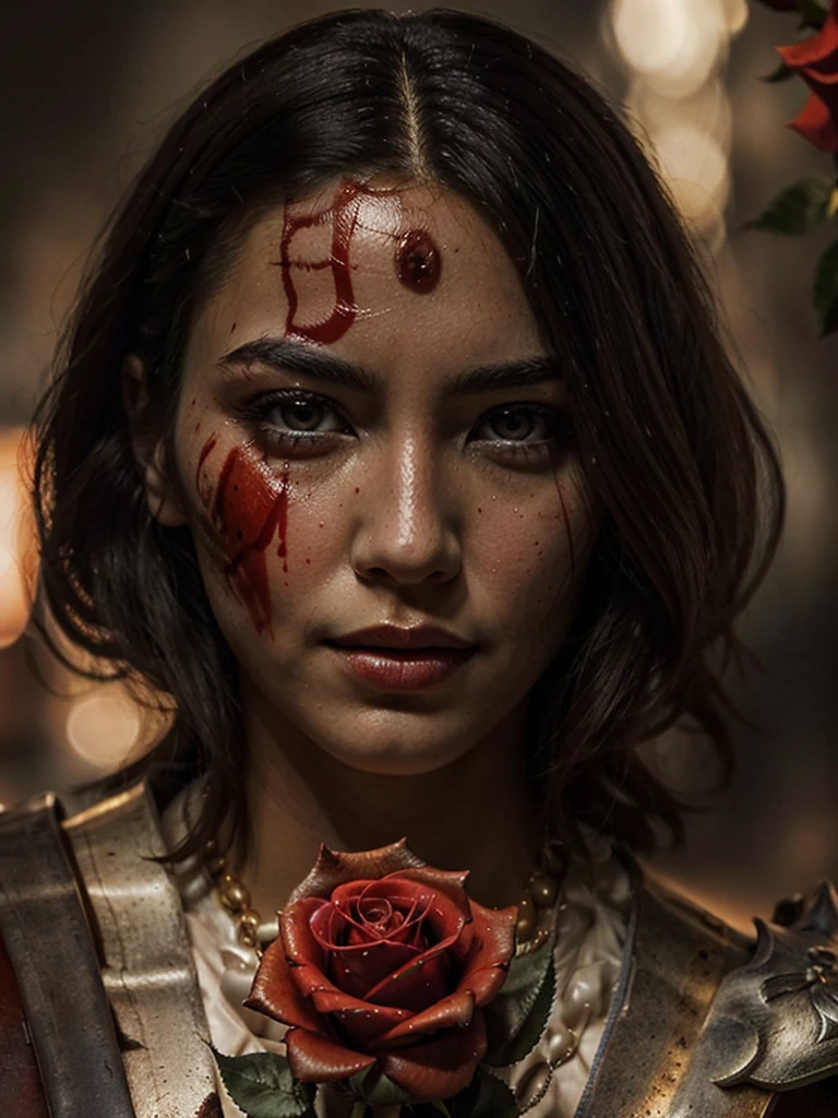 (1girl :1.3),portrait, Christina Chong beautiful face, narrowed eyes. smirk. black braided hair with narrowed eyes,, sister of battle, holding sword, dark background,(red blood rose armor:1.5), (hdr:1.4), high contrast, (cinematic:0.85), (muted colors, dim colors, soothing tones:1.3), low saturation, smoke,shining sword,cluster amaryllis,wind,dragon loong spirit behind,perfect anatomy, centered, approaching perfection, (athletic female), detailed face, short hair, white hair, bangs, feminine, nice breasts, beautiful detailed girl, extremely detailed fingers, cute, young, mature face, realistic face, realistic body,armour, adepta sororitas