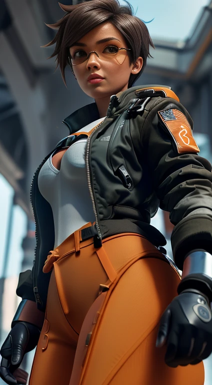 Low angle shot of Tracer, shot from below, detailed face features, beautiful detailed eyes, beautiful detailed lips, extremely detailed eyes and face, long eyelashes, butt view, thong, extremely detailed butt, big butt, Orange body suit, bomber jacket, seeing her from below, intricate details, vibrant colors, seamless composition, school, dynamic pose, hallway cinematic, dramatic, photorealistic, 8k, high resolution,
