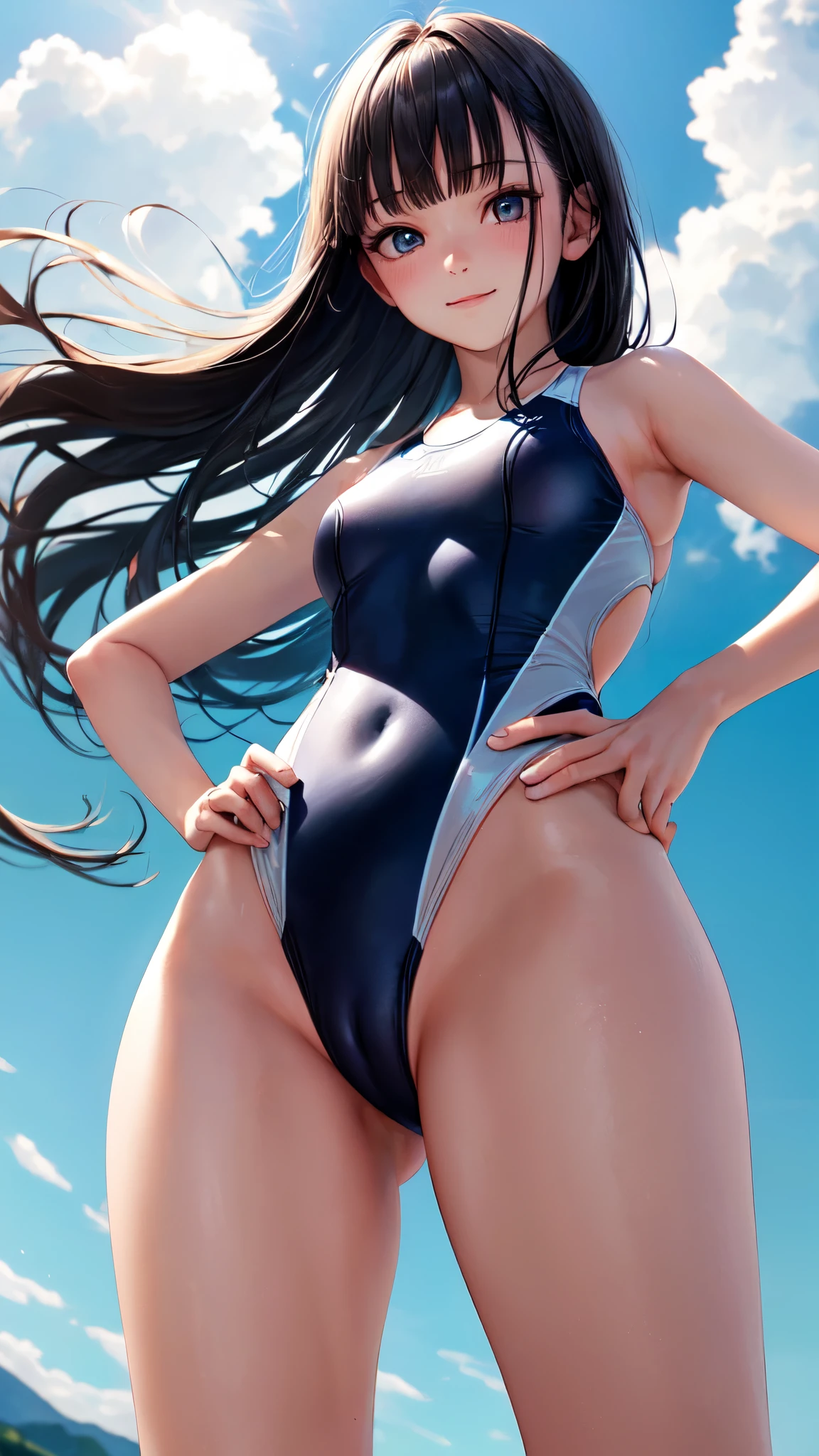 (((4K,masterpiece,best quality,ultra detailed,high resolution))),(daytime,clear weather,front light),((solo)),(beautiful woman,age),(black hair,long hair,blunt bangs,straight hair),(beautiful face,beautiful eyes),(finely detailed skin,fair skin),light smile,(one-piece competition swimsuit,navy swimsuit),(beautiful lake,beautiful sky),(small breast,perky breast,small hip),((cowboy shot,from below)),