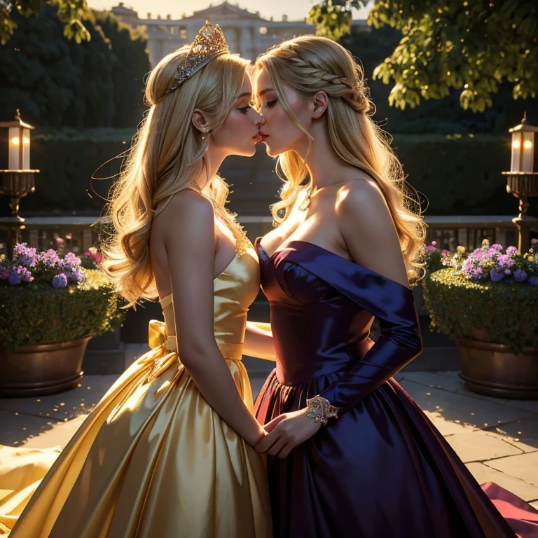 (masterpiece, best quality:1.5), highest quality, High resolution, super detailed, Realists, Upper body photo of a blonde young girl, detailed and beautiful eyes, beautiful detailed lips, very detailed eyes and face, longeyelashes, Jubge girls short dress made of shiny satin fabric, Beautiful and colorful makeup, elegant and noble々Pose,shiny satin headband, grind, Holding flowers, Gardens as background, soft daylight, bright colors, fine brushstrokes, Portrait style, Noble details in the dress fabric, beautiful color palette, glowing skin, First-class rendering, that captures every detail, enchanting atmosphere, subtle shadows and lights, (perfect anatomy:1.2), (The two stunning young girls are deeply in love, (kiss:1.2), (magnificent panorama view:1.2)