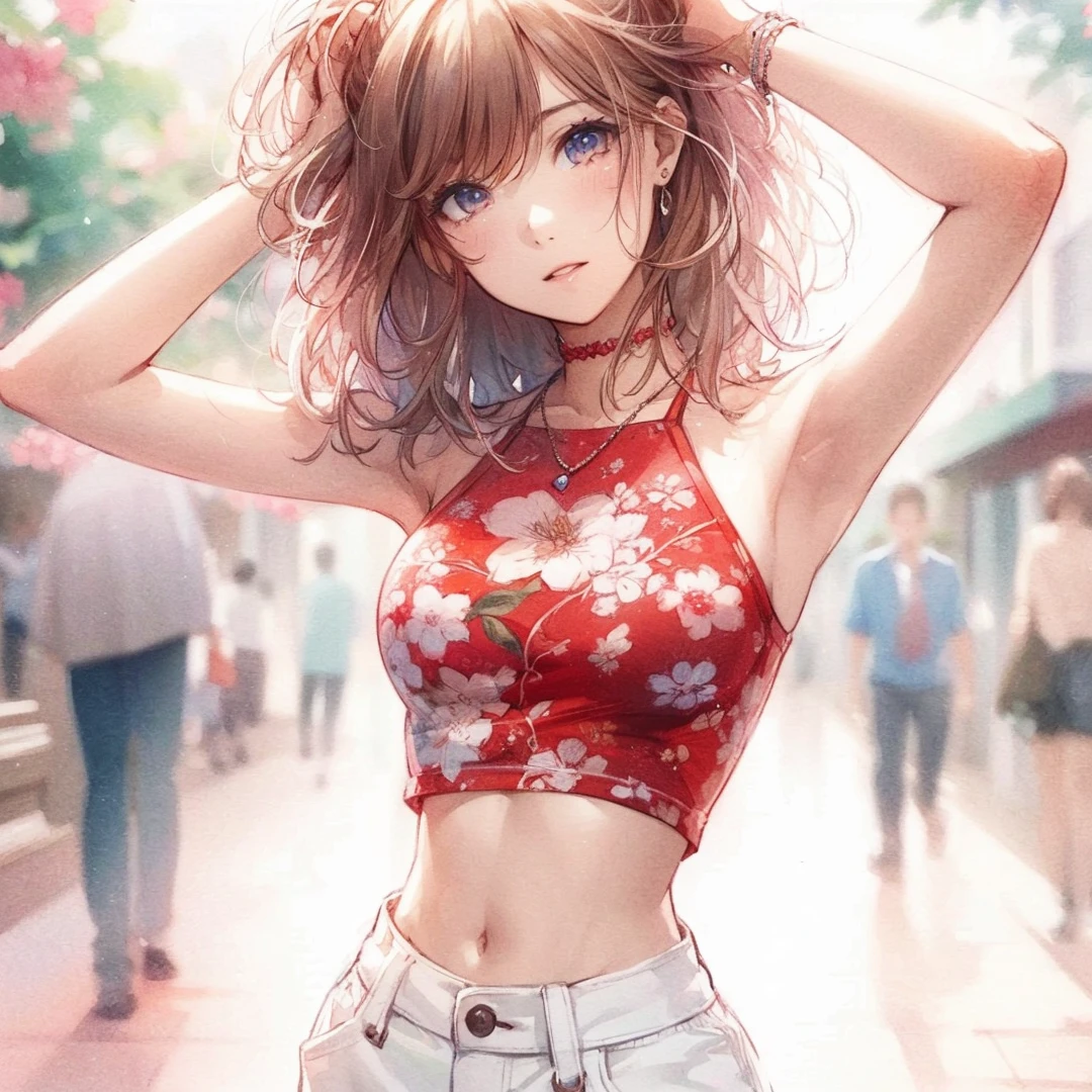Official art using high-quality hand-drawn watercolor sketch techniques. (best quality,4k,8k,highres,masterpiece:1.2),ultra-detailed,beautiful detailed eyes,A girl with beautiful eyes, everyone, beautiful anime girl, cute anime girl, smooth anime art, anime style, elegant colors, soft lighting, delicate beautiful eyes, very coquettish, (beautiful large breast:1.2), (correct hands:1.2),