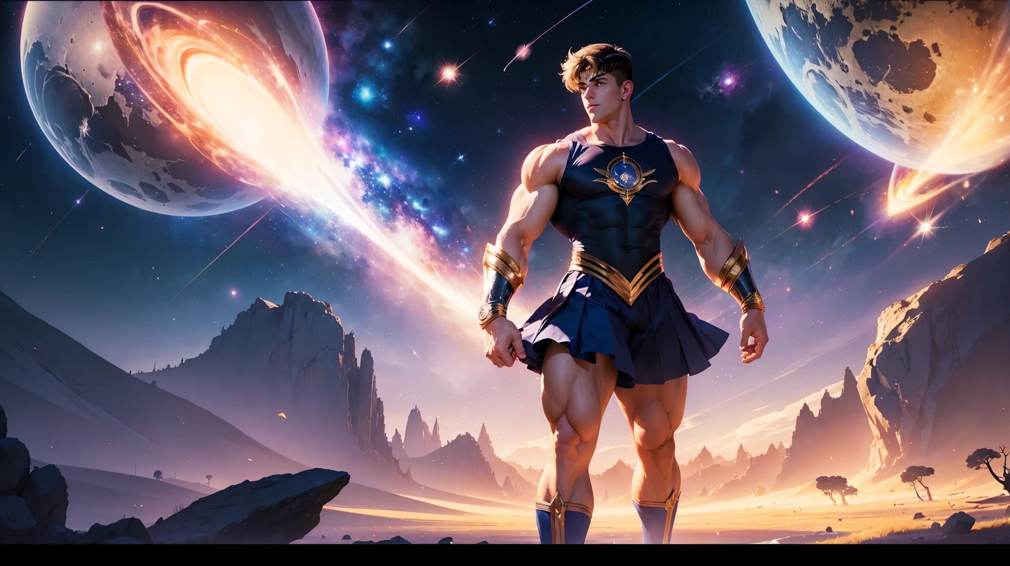 1 men,big muscle,big tricep,in sailor moon uniform, galaxy, planet, fantasy , landscape ,4K, Ultra Detail, particle light