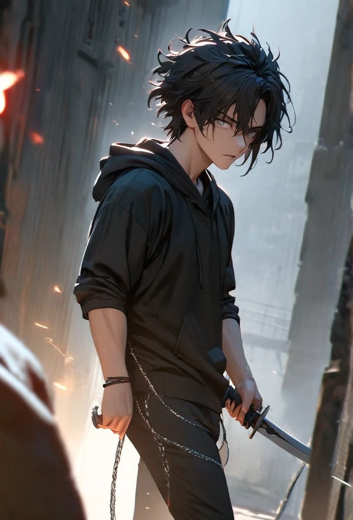 (solo), masculine, black hair, messy hair, mane hair, short hair, dense hair, wild hair, expressive hair, mature,(25 year old), pale skin, grey eyes, ((man)), teacher, wearing black shirt, rolled up sleeves, black long pants, detailed eyes, dark, hood, the background is space in china. Silver chains everywhere, attractive, eye reflection, depth of field, thunder aura, cinematic lighting, ray tracing, depth of field, cinematic lighting, ray tracing, UHD, high details, best quality, highres, high quality, award winning, super detail, masterpiece, 8k, UHD, high details, best quality, highres, high quality, award winning, super detail, masterpiece, 8k, digital art, anime coloring, full body, body shot, good face, perfect face, detailed face, good eyes, in a fighting position, holding a sword.