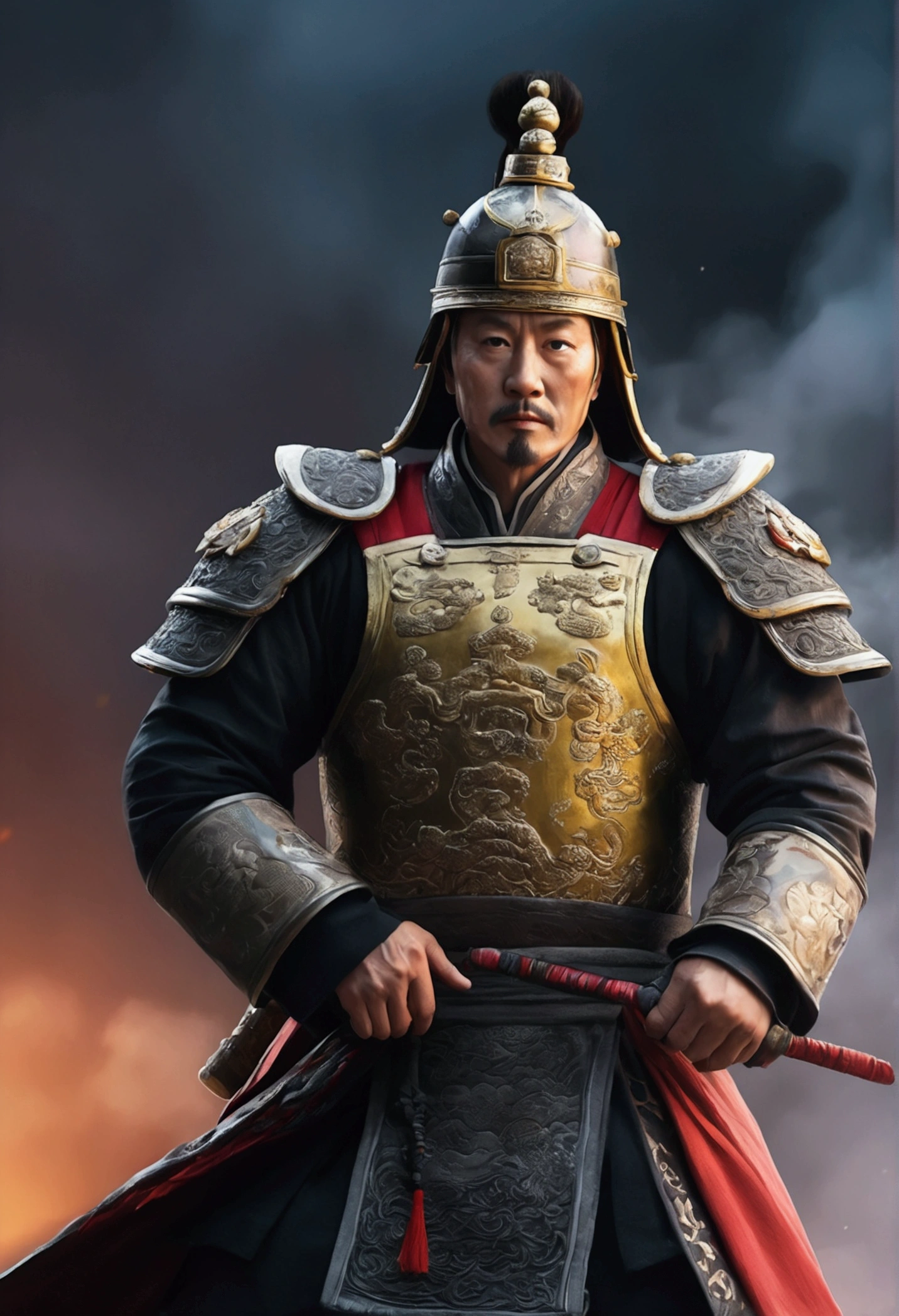Bust of an ancient Chinese general on the battlefield，The armor is broken, Starry sky and fog cover the landscape.Rich historical background. (Highest quality,4K,8k,High resolution,masterpiece:1.2), Very detailed, (Realistic,Realistic,Photorealistic:1.37), High resolution, Hyper HD, Studio Lighting, Ultra-fine painting, Sharp focus, Physically Based Rendering, Very detailed説明, Professional, Vibrant colors, Bokeh, Sports Late, Ancient War Landscapes, Traditional Chinese Painting Techniques, Atmospheric lighting, Dynamic Pose, Complex combat scenarios, Vivid color contrast, Visually stunning composition, Ethereal atmosphere, heroism. Black and White