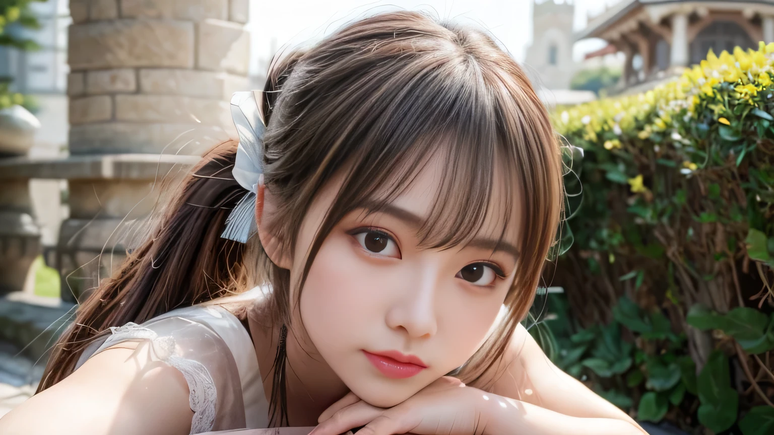 blush,Long hair ponytail,A big ribbon in her hair,(8k, RAW Photos, Highest quality, The pieces fly:1.2), (reality, Realistic:1.4), (Highly detailed 8K wallpapers),  Sharp focus, Depth of written border, Cinema Lighting, Soft Light, Detailed beauty eyes,Shiny and smooth light brown ponytail, Asymmetrical bangs, Glowing Skin, Highly detailed skin ,High resolution, Attention to detail, Detailed hairstyle, Detailed beauty face, Hyper Real, Perfect limbs, Perfect Anatomy ,1 Japanese girl,Famous Japanese Idols, Perfect female body,A shy smile,short eyelashes,double eyelid,Look straight here,Hairstyle: Ponytail,Long ponytail hairstyles,Stand up straight and face me,The whole body becomes visible,Small breasts,In front of a medieval castle,On her head is a diamond tiara,She is wearing a long white frilly dress like a princess..