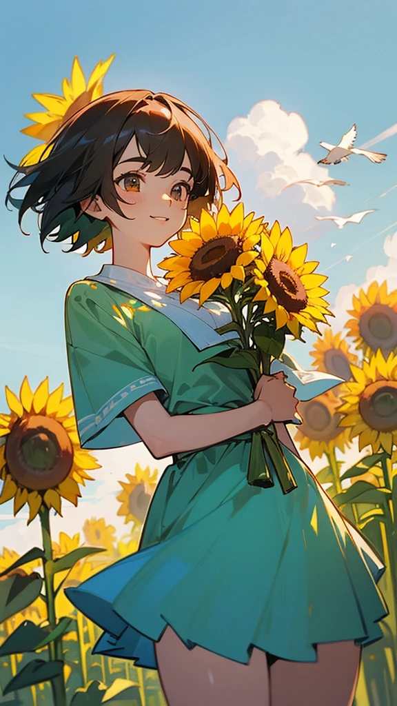master piece, best quality, for below, cinematic angle, upper body , pigeon toed,
Anime-style Moe illustration, summer vacation theme, 20-year-old 4womans holding a bouquet of sunflowers, short hair, country dress, slightly inner thighs, smile, accurate drawing, Active pose,