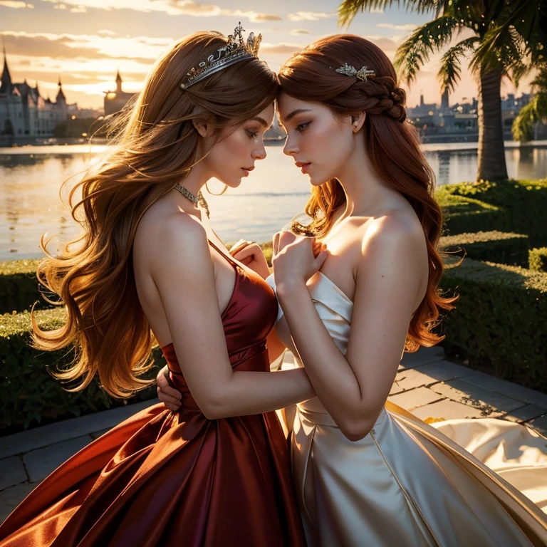 (masterpiece, best quality:1.5), highest quality, High resolution, super detailed, Realists, Full body photo of redhead woman detailed and beautiful eyes, beautiful detailed lips, very detailed eyes and face, longeyelashes, Woman in evening dress made of shiny satin fabric, Beautiful and colorful makeup, elegant and noble々Pose,shiny crown and jewels, Gardens as background, soft daylight, bright colors, fine brushstrokes, Portrait style, Noble details in the dress fabric, beautiful color palette, glowing skin, First-class rendering, that captures every detail, enchanting atmosphere, subtle shadows and lights, (perfect anatomy:1.2), (Two stunning women are deeply in love:1.4), (kiss:1.2), (magnificent panorama view:1.2)