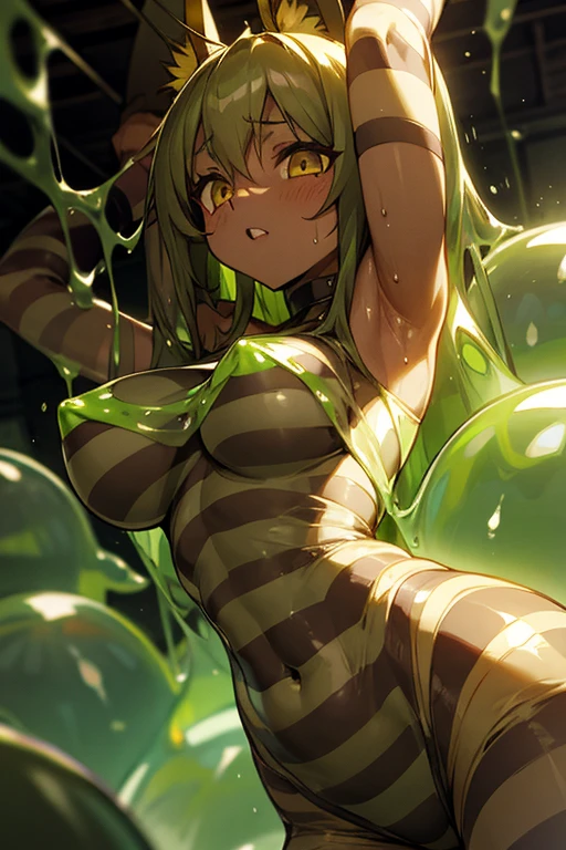 A striped Anubis girl covered in translucent slime and sweat grapples