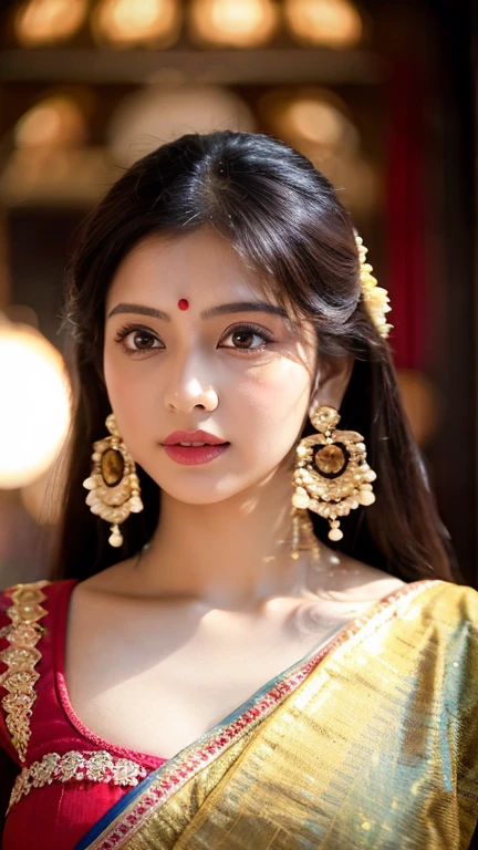 a woman in a sari posing for a picture, Bollywood goddess, traditional beauty, beautiful goddess, ornate cosplay, super model, beautiful maiden, gorgeous woman, provocative gorgeous beautiful woman, intricate outfit, hindu aesthetic, beautiful girl, extremely detailed goddess shot, jaw-dropping beauty, gorgeous face eyes nose lips body, big  deep cleavage sexy navel big hips, chubby girl, uhd 8K highest resolution highest quality, shiny skin, highly detailed, hyper realistic, thick girl, plus size model 