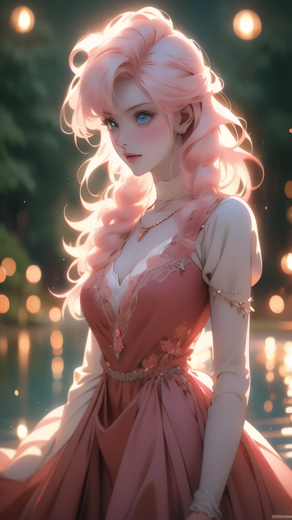 best quality, masterpiece, high resolution, A girl, blond, Blue eyes, fashion clothing, necklace, jewelry, Pretty Face, Perfect breasts, more than_Body, Tyndall effect, lifelike, Dark Studio, Side lighting, Two-color lighting, (HD Skin:1.2), 8k Ultra HD, Soft Light, high quality, Volumetric Lighting, frank, photography, high resolution, 8k, Bokeh,hort depth of field,,,(risheirmgardweitzner,pink_hair,aqua_eyes,:1.2), ,Niji XL, red dress,