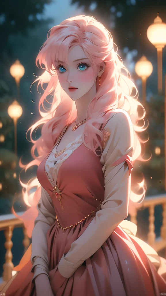 best quality, masterpiece, high resolution, A girl, blond, Blue eyes, fashion clothing, necklace, jewelry, Pretty Face, Perfect breasts, more than_Body, Tyndall effect, lifelike, Dark Studio, Side lighting, Two-color lighting, (HD Skin:1.2), 8k Ultra HD, Soft Light, high quality, Volumetric Lighting, frank, photography, high resolution, 8k, Bokeh,hort depth of field,,,(risheirmgardweitzner,pink_hair,aqua_eyes,:1.2), ,Niji XL, red dress,