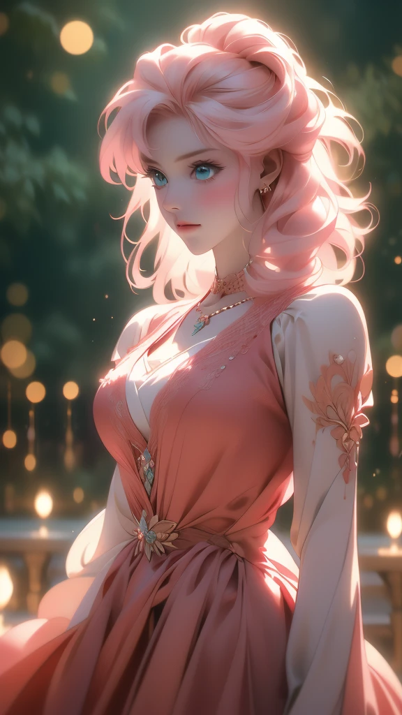 best quality, masterpiece, high resolution, A girl, blond, Blue eyes, fashion clothing, necklace, jewelry, Pretty Face, Perfect breasts, more than_Body, Tyndall effect, lifelike, Dark Studio, Side lighting, Two-color lighting, (HD Skin:1.2), 8k Ultra HD, Soft Light, high quality, Volumetric Lighting, frank, photography, high resolution, 8k, Bokeh,hort depth of field,,,(risheirmgardweitzner,pink_hair,aqua_eyes,:1.2), ,Niji XL, red dress,