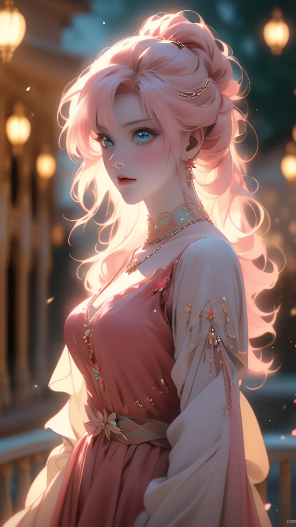 best quality, masterpiece, high resolution, A girl, blond, Blue eyes, fashion clothing, necklace, jewelry, Pretty Face, Perfect breasts, more than_Body, Tyndall effect, lifelike, Dark Studio, Side lighting, Two-color lighting, (HD Skin:1.2), 8k Ultra HD, Soft Light, high quality, Volumetric Lighting, frank, photography, high resolution, 8k, Bokeh,hort depth of field,,,(risheirmgardweitzner,pink_hair,aqua_eyes,:1.2), ,Niji XL, red dress,