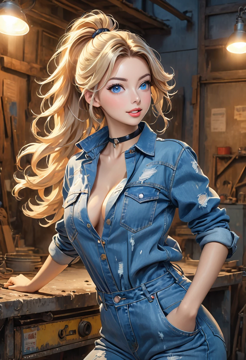 breasts big ((1 girl)) ((sexy hot)) ((long blonde hair, high ponytail)), blue colored eyes, wavyhair, extremely sexy body, choker, (((wearing a bold and stylish denim jumpsuit))), extremely detaild, hyper detailled, (((face perfect)), soft lighting, ((best quality)), dynamic pose, Pose sexy, Dirty with grease, cute and sexy expression, in front of the workshop. Masiela Lusha