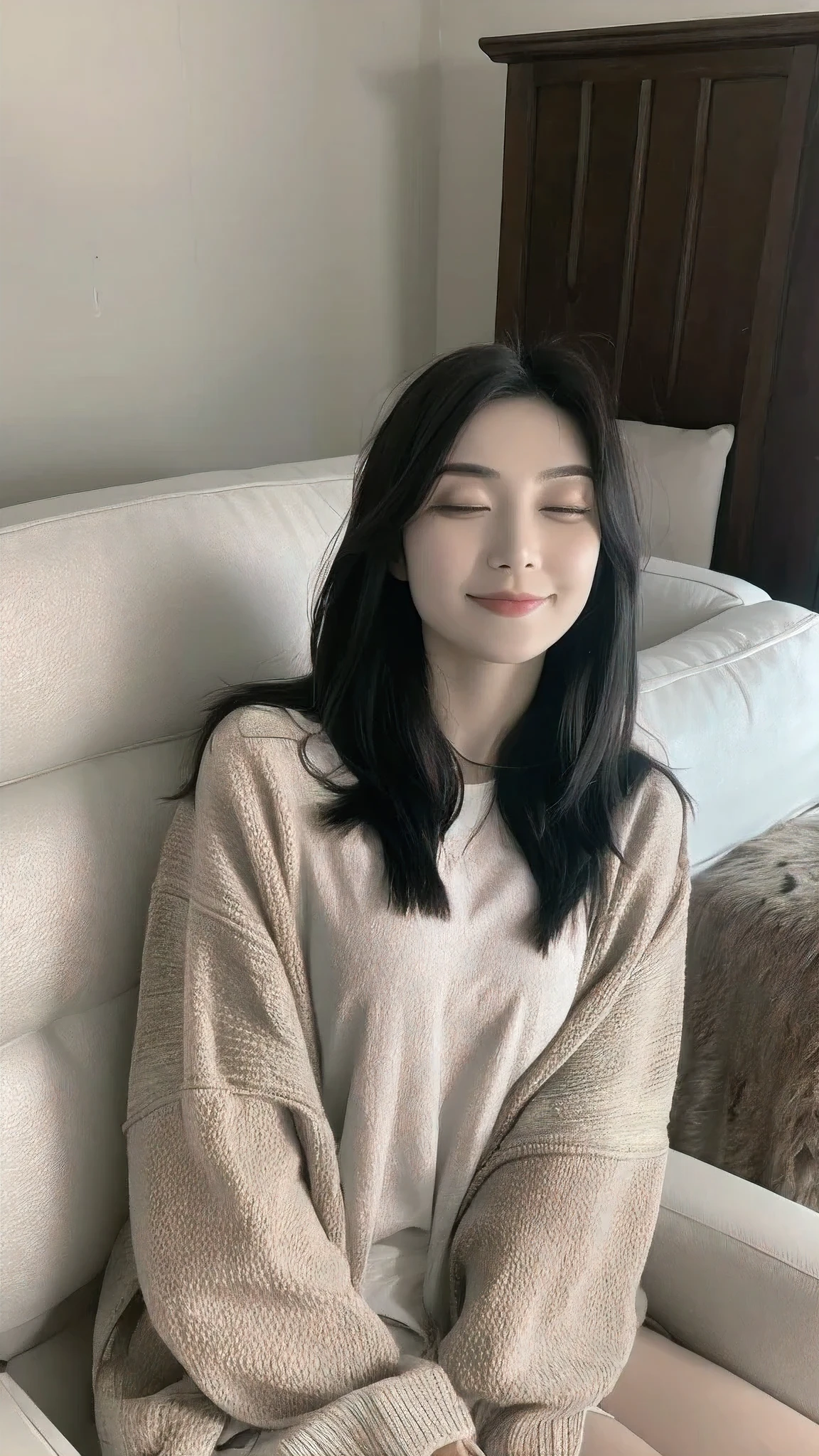 A beautiful young Asian woman with long black hair, sitting on a cozy sofa with a soft blanket draped over her, eyes gently closed, ultra-realistic detailed facial features, photorealistic look, real-world environment background, detailled face, eyes, best quality, intricate details, highly detailed, sharp focus, detailed skin, realistic skin texture, texture, face detail, body detail