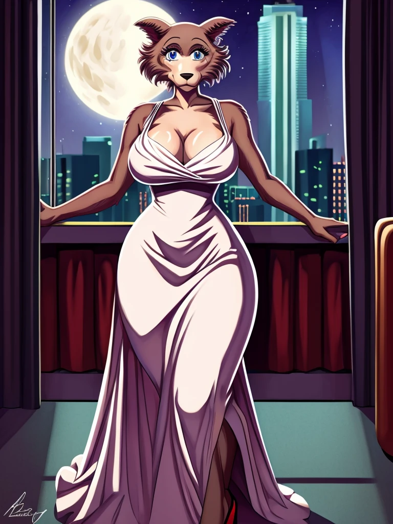 Beastars art style, beastars, Juno, brown wolf, she Wolf, 1girl, furry, long curly brown fur, slim figure, blue eyes, wide hips, Big breasts, Marilyn Monroe dress, cleavage, night time, Las Vegas hotel