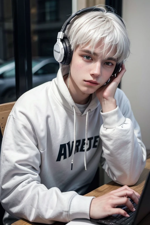 18 year old boy, Wearing Headphones, sweatshirt, White hair