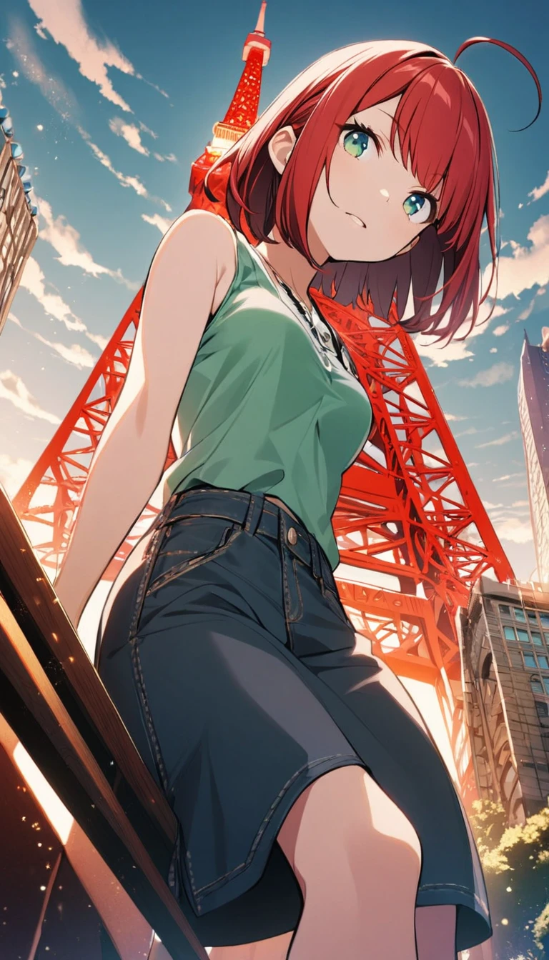 1girl,rubyred hair,bowlcut hair,half circle ahoge,blue green eyes,medium breasts,casual,Tokyo Tower,from below