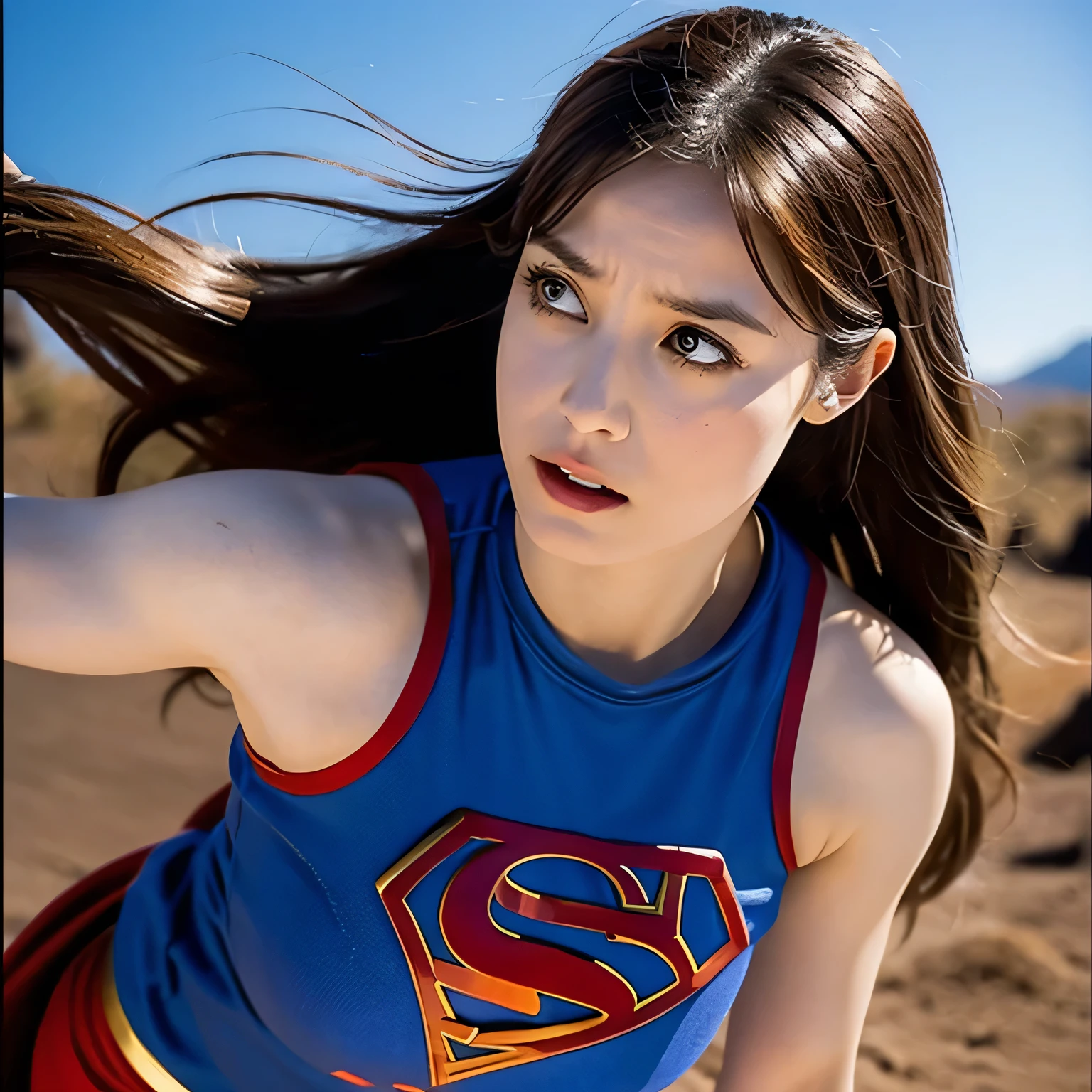 Supergirl, Beautiful Supergirl, 29 years old, Height : 152 CM, at desert, midday, supergirl tanktop costume, hair tied, hair bangs, Supergirl was sweating profusely, Supergirl had wet sweat on her chest, Supergirl had wet sweat on her head, Supergirl is shocked, Supergirl looks up, Supergirl looks scared, Supergirl screamed in pain, supergirl defeated, supergirl tanktop costume is torn, Supergirl fights against a giant, Supergirl is seriously injured, Supergirl cried, supergirl in peril
