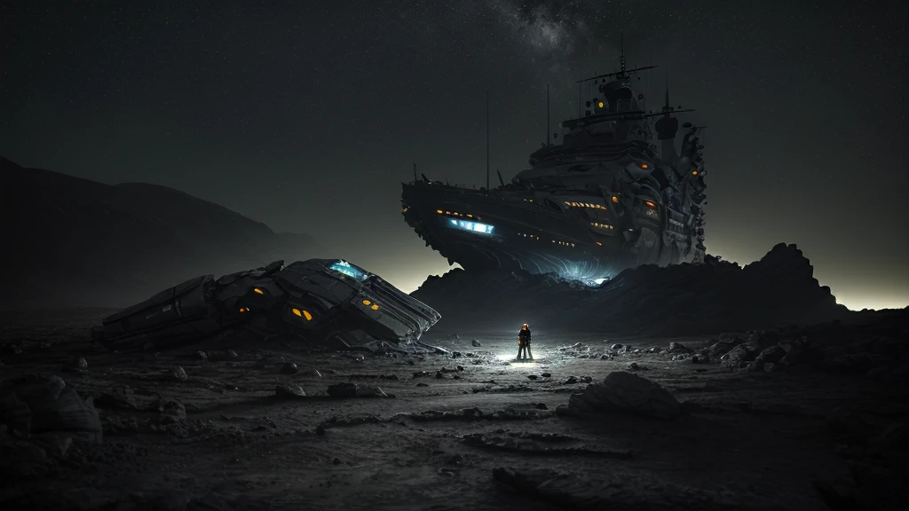 (((masterpiece))) dark, night, A futuristic spaceship has crashed on the earth of a rocky alien planet, the ship shows visible damage from the impact. The astronaut in the orange suit and white helmet is standing to the side of the scene in the foreground, with his back turned, observing his shattered ship. The planet lacks vegetation, there are only rocks and stones, it is nighttime, it is a barren and dark landscape.